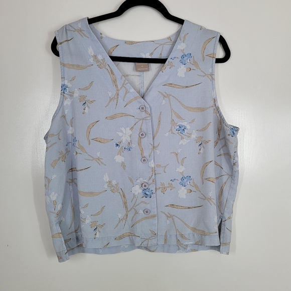 Vintage Partners 90s Y2K Blue Floral Spring Cottagecore Button Vest Tencel XL - Picture 1 of 13